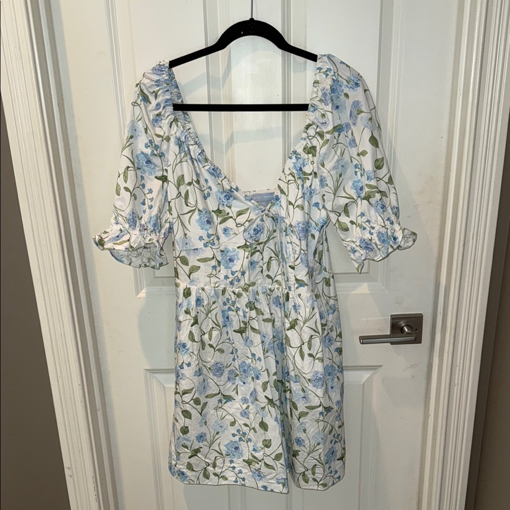 Hill House Ophelia Mini Dress - Blue peony bouquet cotton sateen
